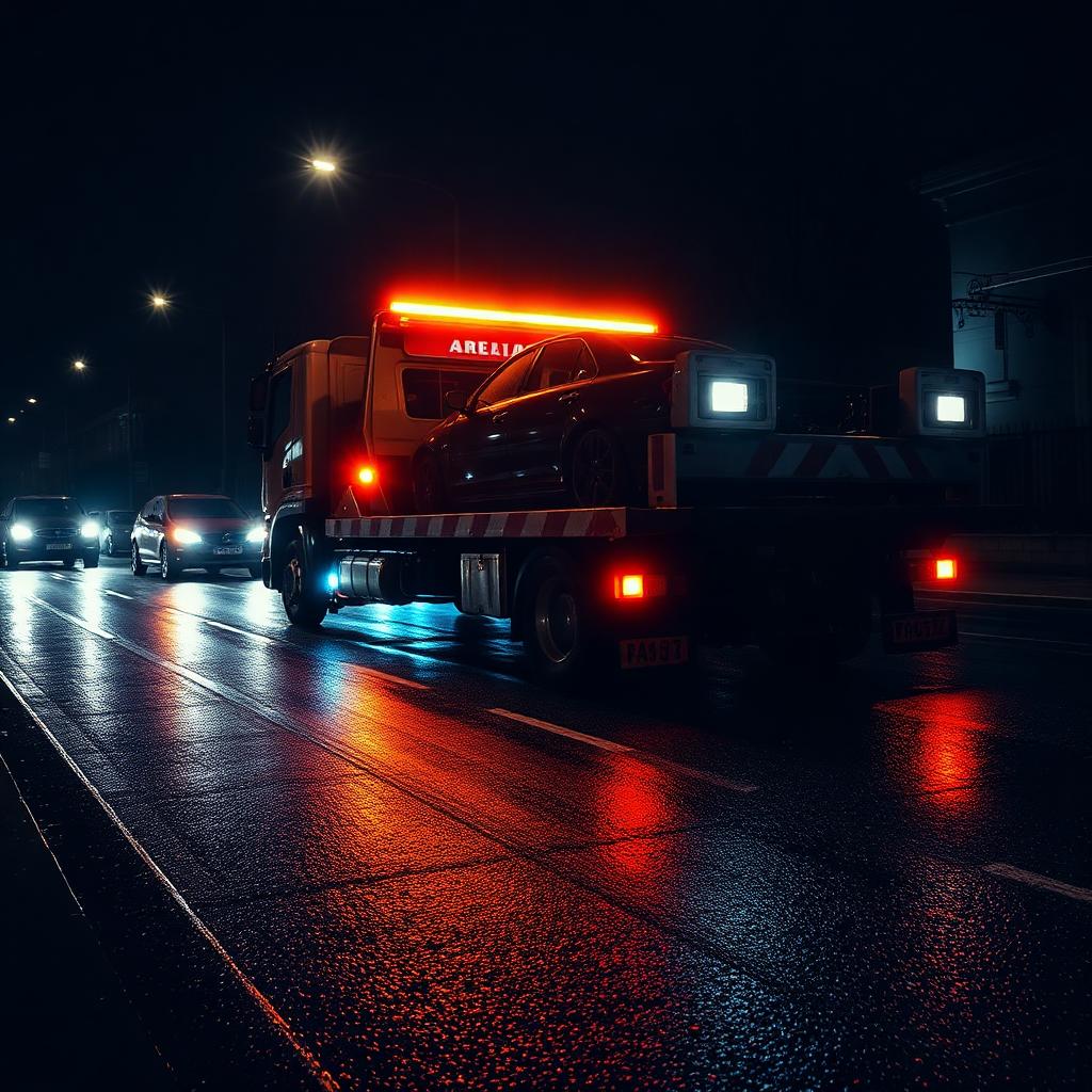 Flatbed tow truck recovering a broken down car on a South East London street at night
